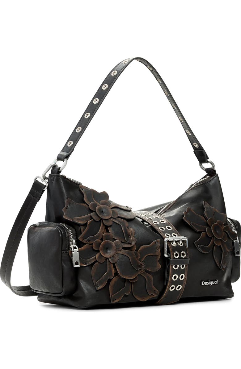 Desigual Medium Floral Appliqué Faux Leather Shoulder Bag, Alternate, color, Dark Brown