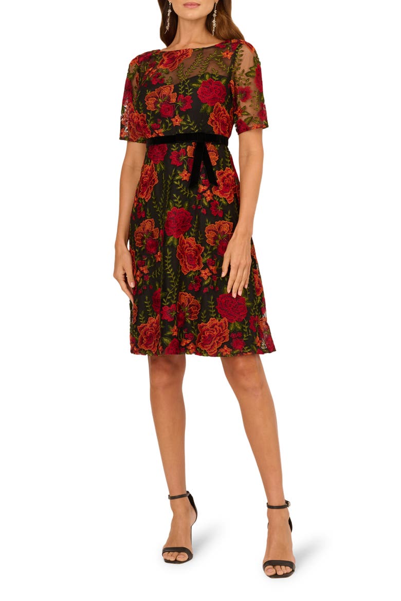 Floral Embroidered Cocktail Dress, Main, color, RED/ BLACK MULTI