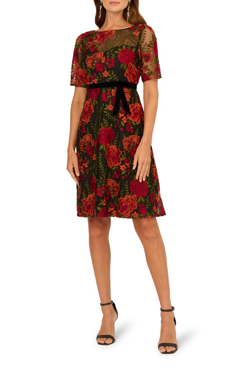 Adrianna Papell Floral Embroidered Cocktail Dress, Main, color, Red/ Black Multi