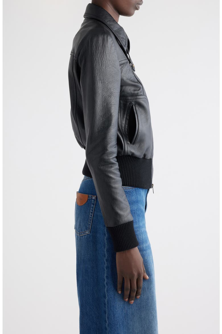 Sheepskin Leather Bomber Jacket, Alternate, color, BLACK