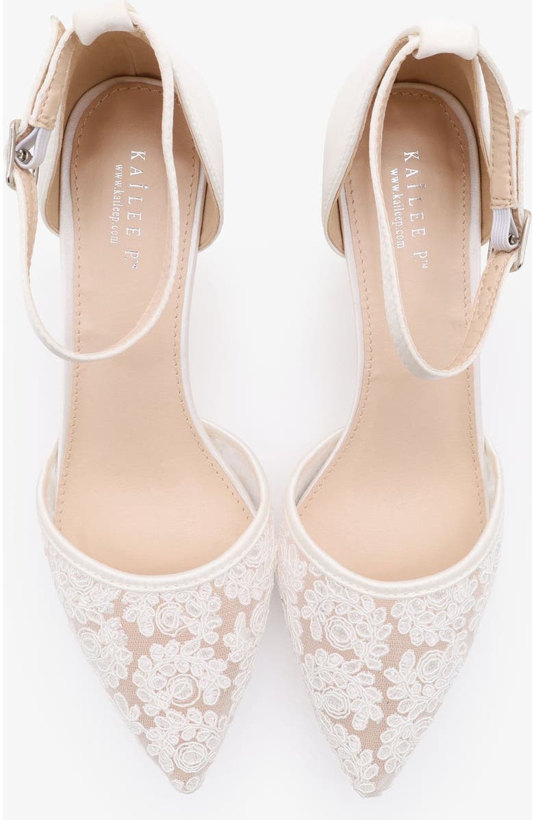 Kailee P Claudia Crochet Lace pointed toe Wedding Kitten Low Heel, Alternate, color, White
