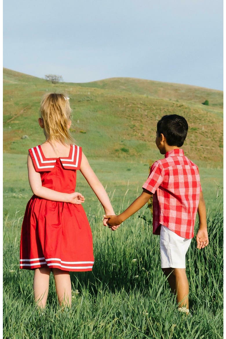 Boys' Linen Short Sleeve Button Down Shirt, Kids, Alternate, color, Red Pencil Check Linen