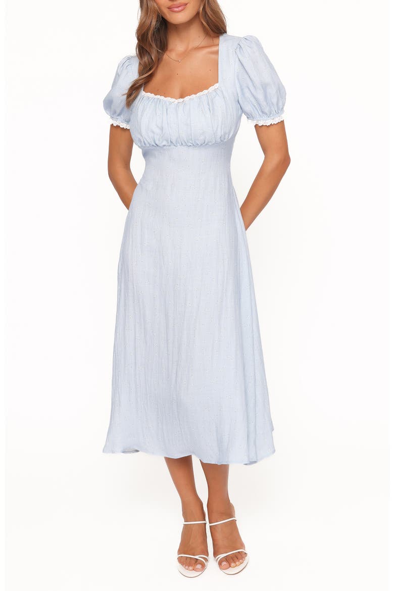 Francine Floral Puff Sleeve Midi Dress, Main, color, BLUE DITSY FLORAL