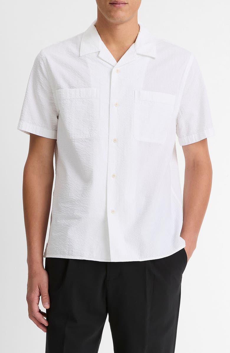 Vince Classic Fit Stripe Seersucker Camp Shirt, Main, color, Blanco