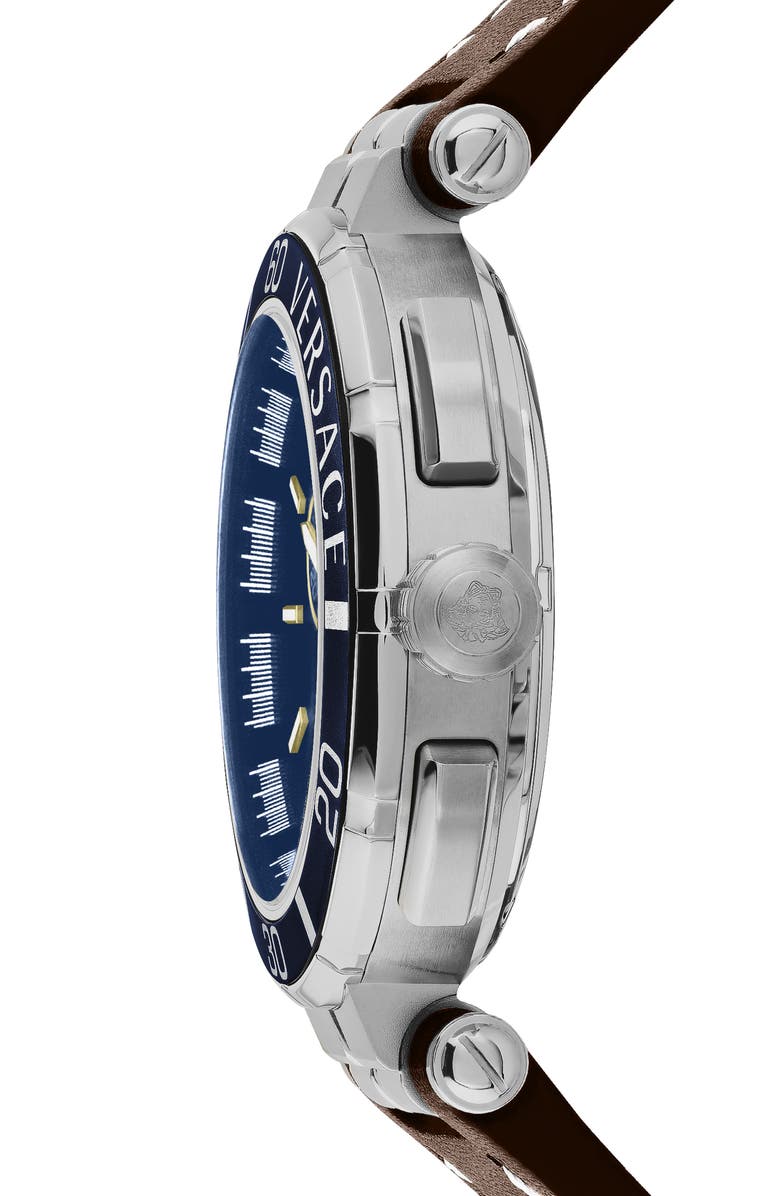 Versace Greca Chronograph Leather Strap Watch, 45mm, Alternate, color, Stainless Steel