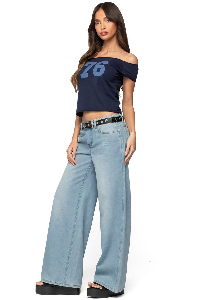 76 Off the Shoulder Cotton Graphic T-Shirt, Alternate, color, NAVY