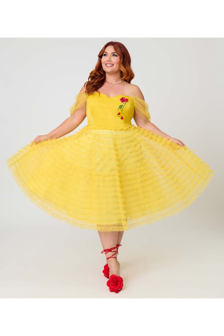 Plus Size Tulle Off The Shoulder Swing Dress, Alternate, color, Yellow W/ Rose Embroidery