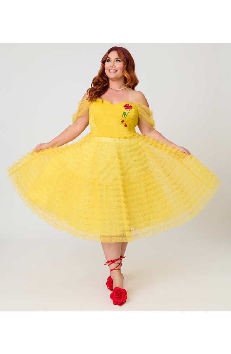 Unique Vintage Plus Size Tulle Off The Shoulder Swing Dress, Alternate, color, Yellow W/ Rose Embroidery