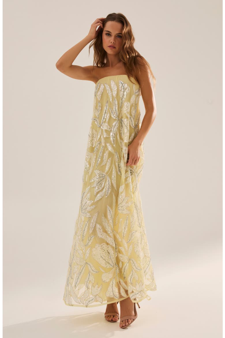 Margot Bead & Appliqué Strapless Mesh Gown, Alternate, color, SOFT YELLOW/ SILVER