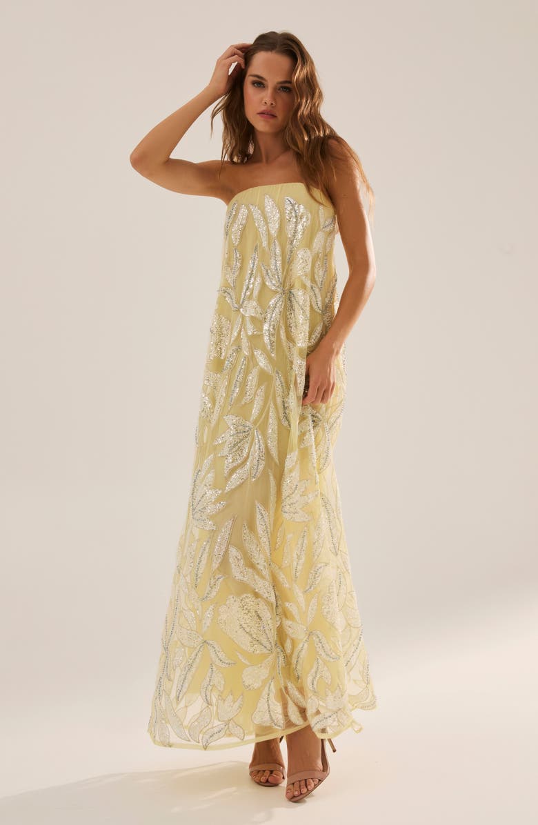 HELSI Margot Bead & Appliqué Strapless Mesh Gown, Alternate, color, Soft Yellow/ Silver