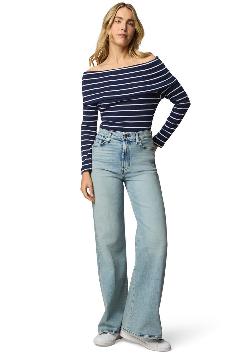 Josie Stripe Off the Shoulder Top, Alternate, color, NAVY BLUE/ WHITE