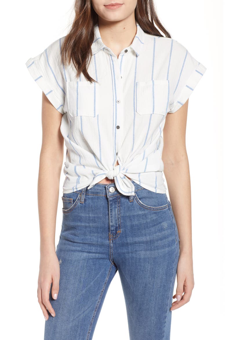 Stripe Cap Sleeve Top, Main, color, IVORY/ BLUE STRIPE