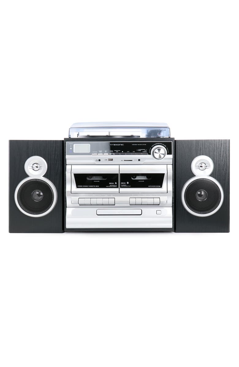 Trexonic 3 Speed Vinyl Turntable Bluetooth Stereo System with CD and Cassette Players, Alternate, color, Black