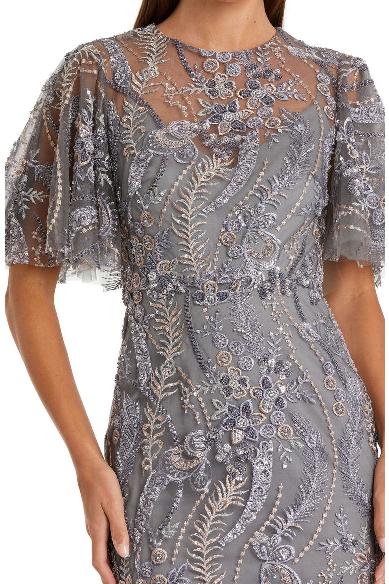 High Neck Flutter Sleeve Floral Embroidered Gown, Alternate, color, Charcoal