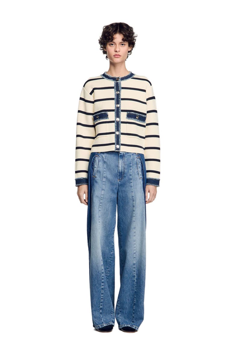 Stripy cardigan with denim details, Main, color, Ecru