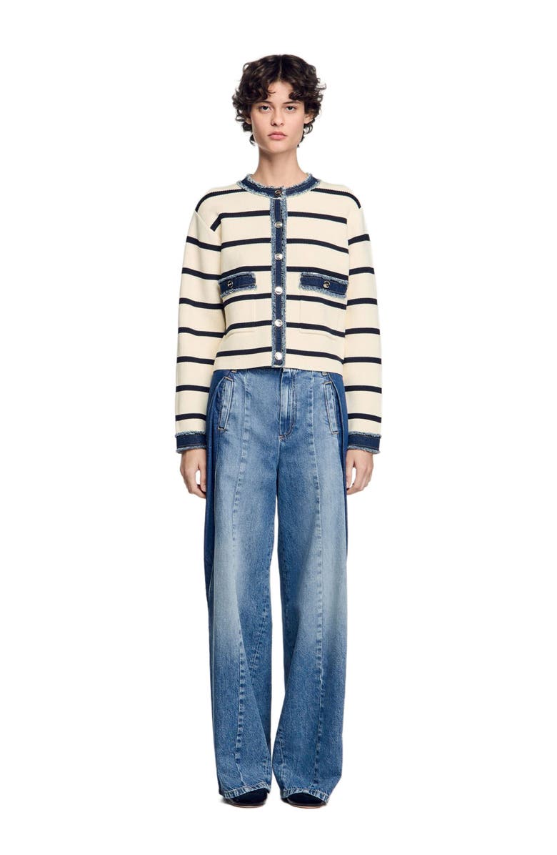 SANDRO Stripy cardigan with denim details, Main, color, 