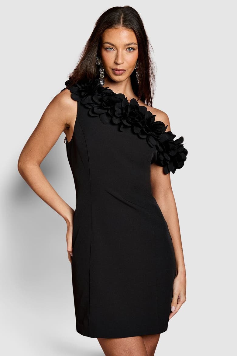 3d Floral One Shoulder Mini Dress, Main, color, Black