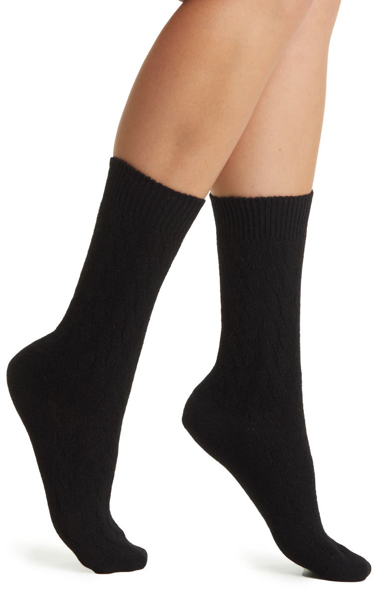 Oroblu Gwen Cable Knit Wool Blend Crew Socks, Main, color, Black