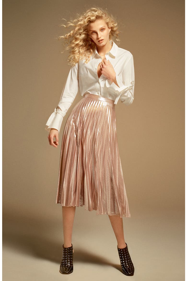 Metallic Pleated Midi Skirt, Alternate, color, FLASH SILVER