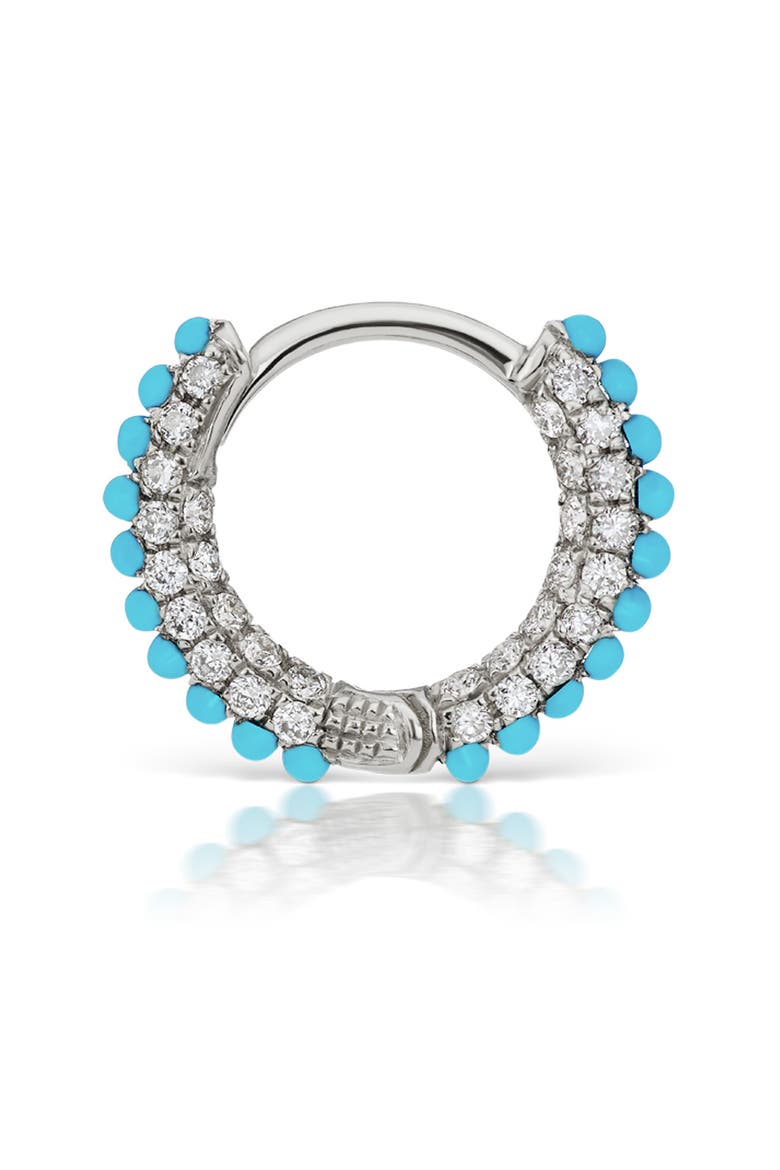 Single Turquoise & Diamond Pavé Huggie Hoop Earring, Main, color, WHITE GOLD