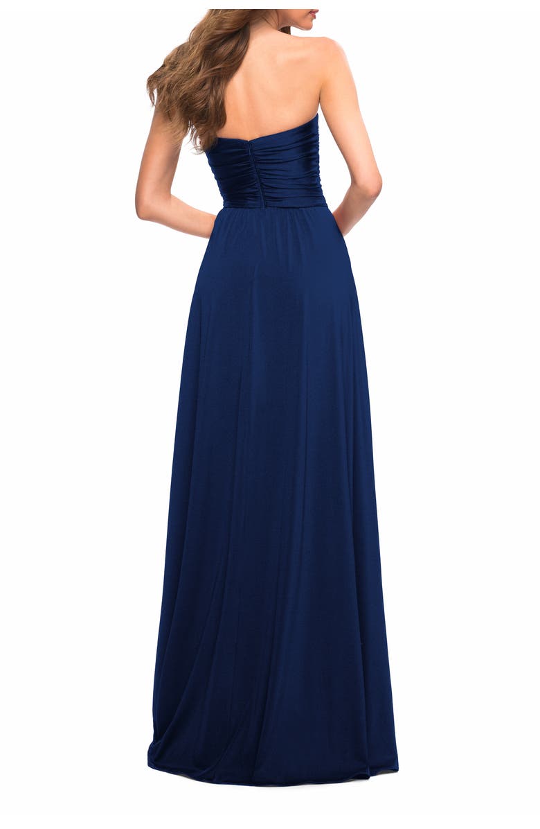 La Femme Simple Strapless Jersey Dress with High Slit, Alternate, color, Navy