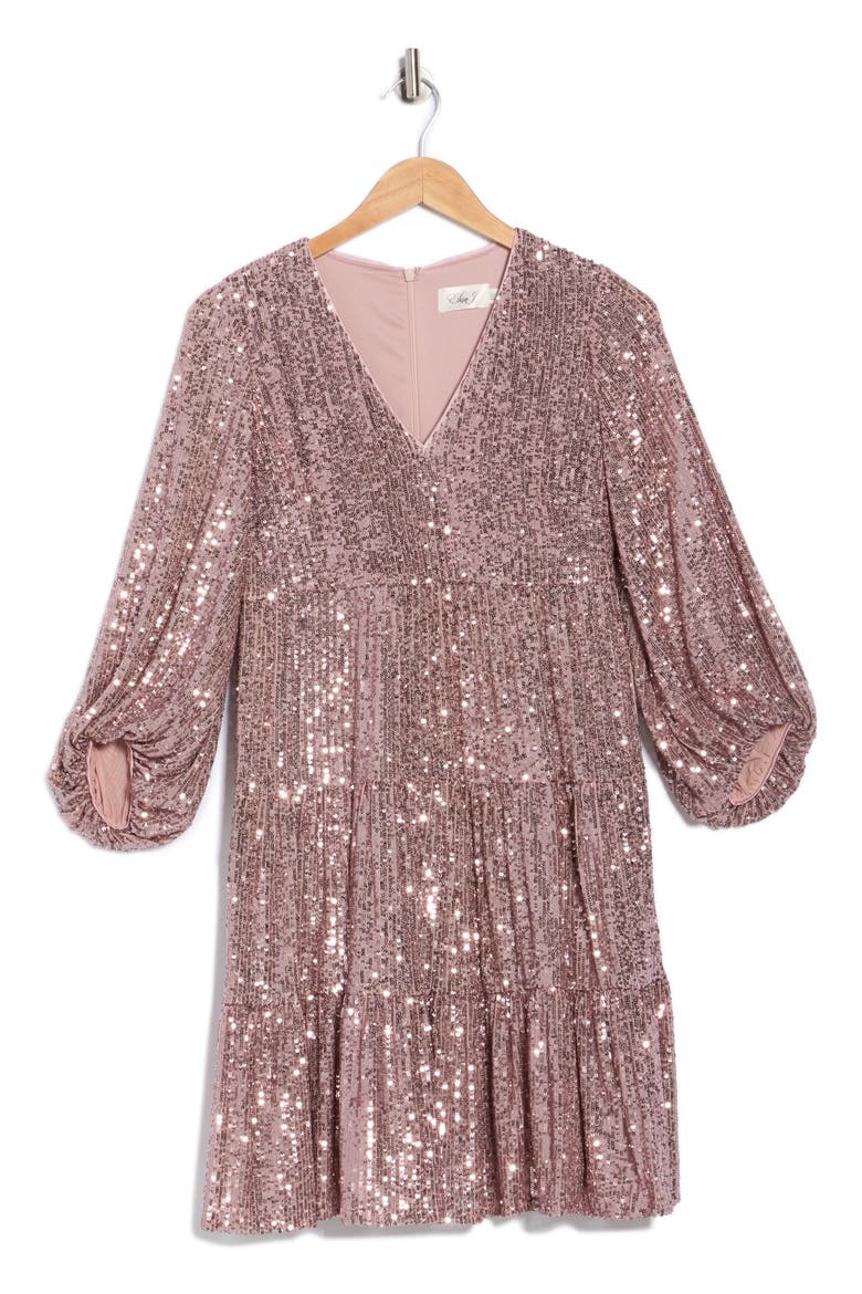 Balloon Sleeve Sequin Skater Dress, Alternate, color, MAUVE
