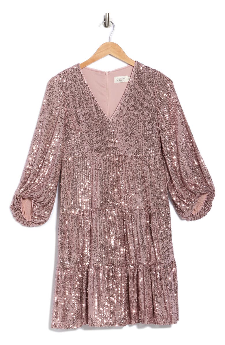 Eliza J Balloon Sleeve Sequin Skater Dress, Alternate, color, Mauve