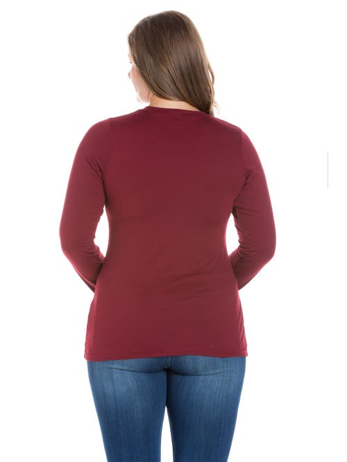 24seven Comfort Apparel Plus Size Solid Long Sleeve Scoop Neck Womens Tee In Burgundy