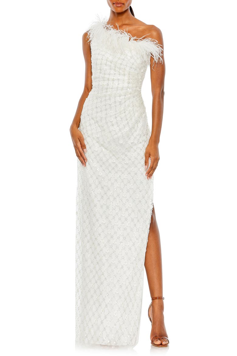 Embellished One Shoulder Ostrich Feather Detail Gown, Main, color, WHITE