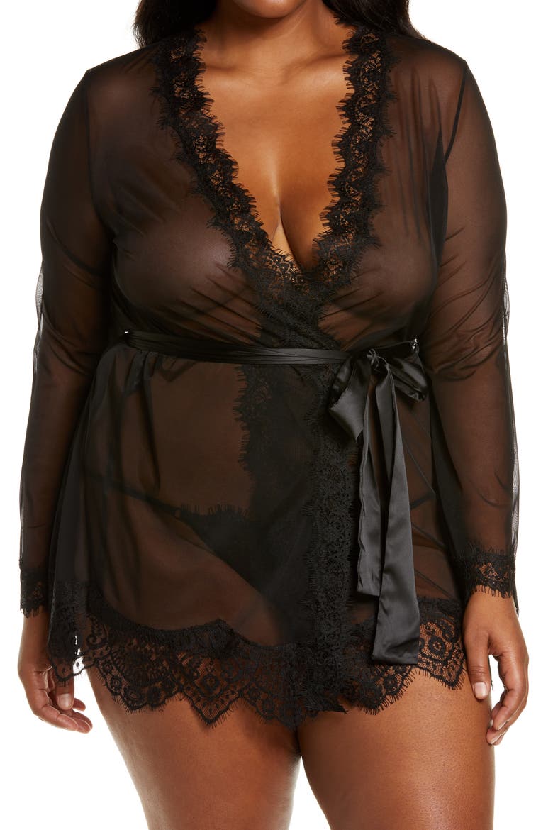 Lace Trim Mesh Robe & G-String Set, Main, color, BLACK