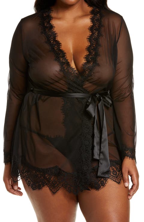 Lace Trim Mesh Robe & G-String Set (Plus)