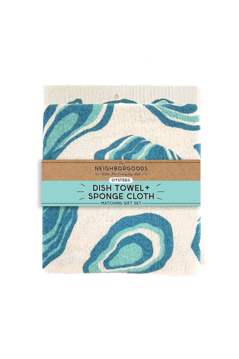 Oysters Dish Towel + Sponge Cloth Gift Set, Alternate, color, Teal
