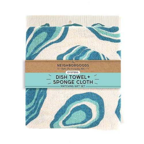The Neighborgoods Oysters Dish Towel + Sponge Cloth Gift Set In Blue