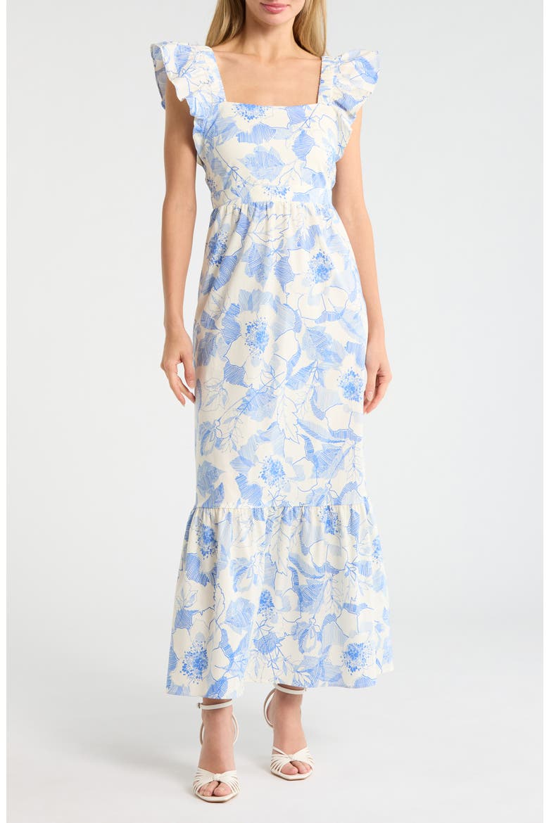 Ruffle Sleeve Square Neck Maxi Dress, Main, color, SOFT WHITE/ PERRIWINKLE