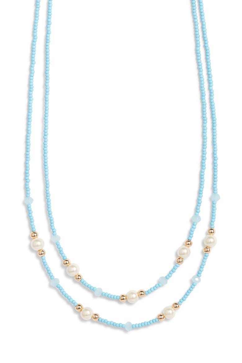 Seed Bead & Faux Pearl Layered Necklace, Main, color, TURQUOISE- WHITE- GOLD