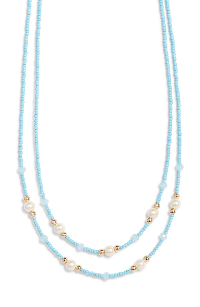 Nordstrom Seed Bead & Faux Pearl Layered Necklace, Main, color, Turquoise- White- Gold