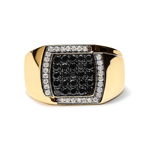 Men's 10K Yellow Gold 1.00 Cttw Cushion Cluster Black and White Diamond Statement Ring