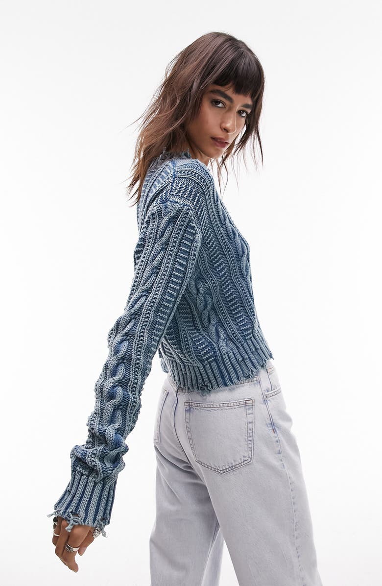 Topshop Acid Wash Frayed Crop Cable Sweater, Alternate, color, Medium Blue