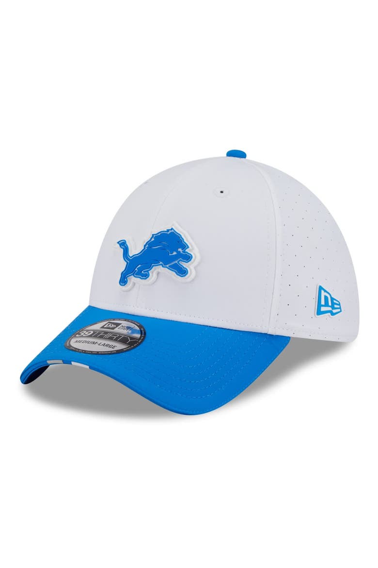 Men's New Era  White/Blue Detroit Lions 2025 NFL Training Camp 39THIRTY Flex Hat, Main, color, White