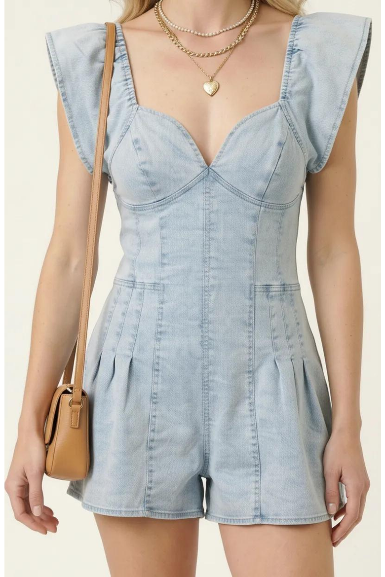 Structured Zip Front Romper with Flutter Sleeves and Pleated Detail, Alternate, color, Light Blue