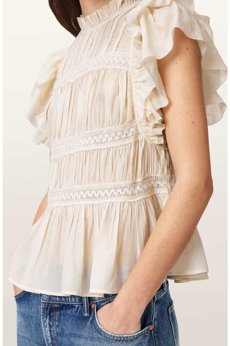Harriet Lace Trim Shirred Flutter Sleeve Peplum Top, Alternate, color, DOVE WHITE