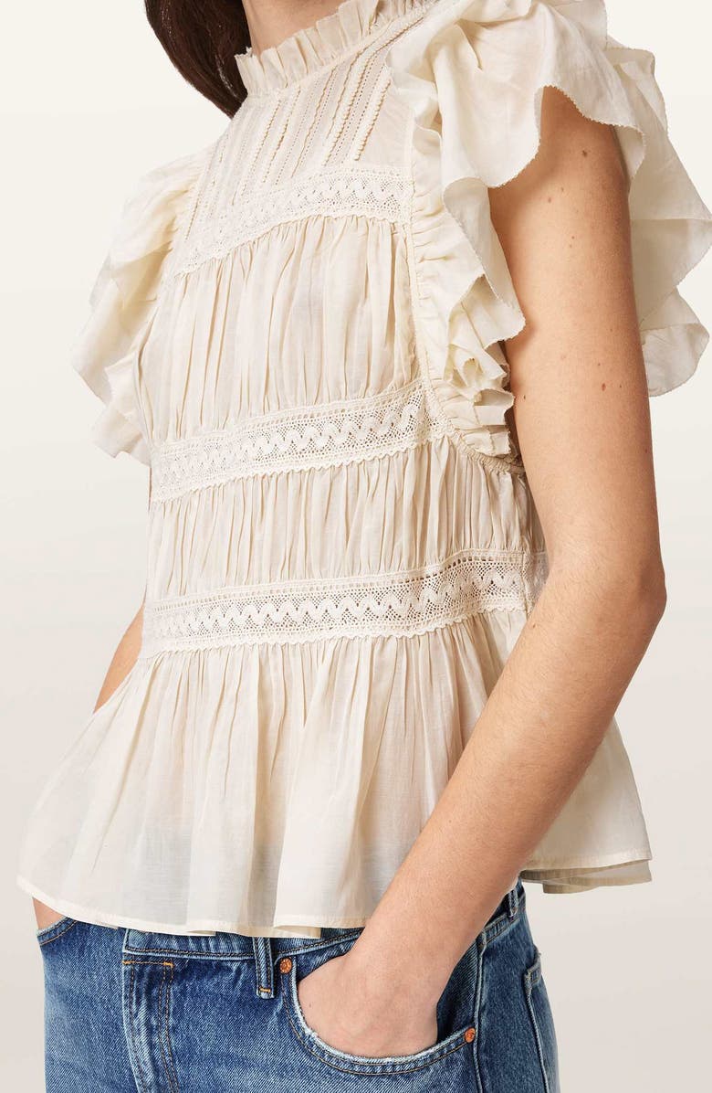 AllSaints Harriet Lace Trim Shirred Flutter Sleeve Peplum Top, Alternate, color, Dove White