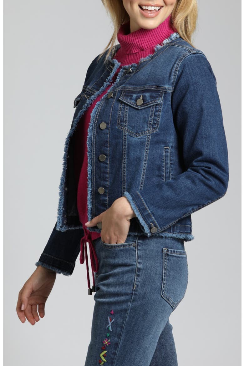 Frayed Collarless Denim Jacket, Alternate, color, INDIGO