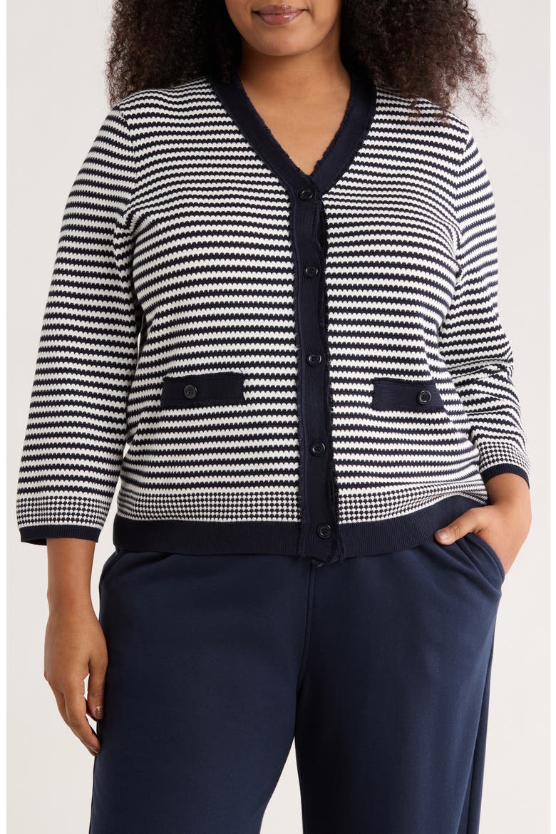 Frayed Trim Stripe Cardigan, Main, color, NAVY/ IVORY