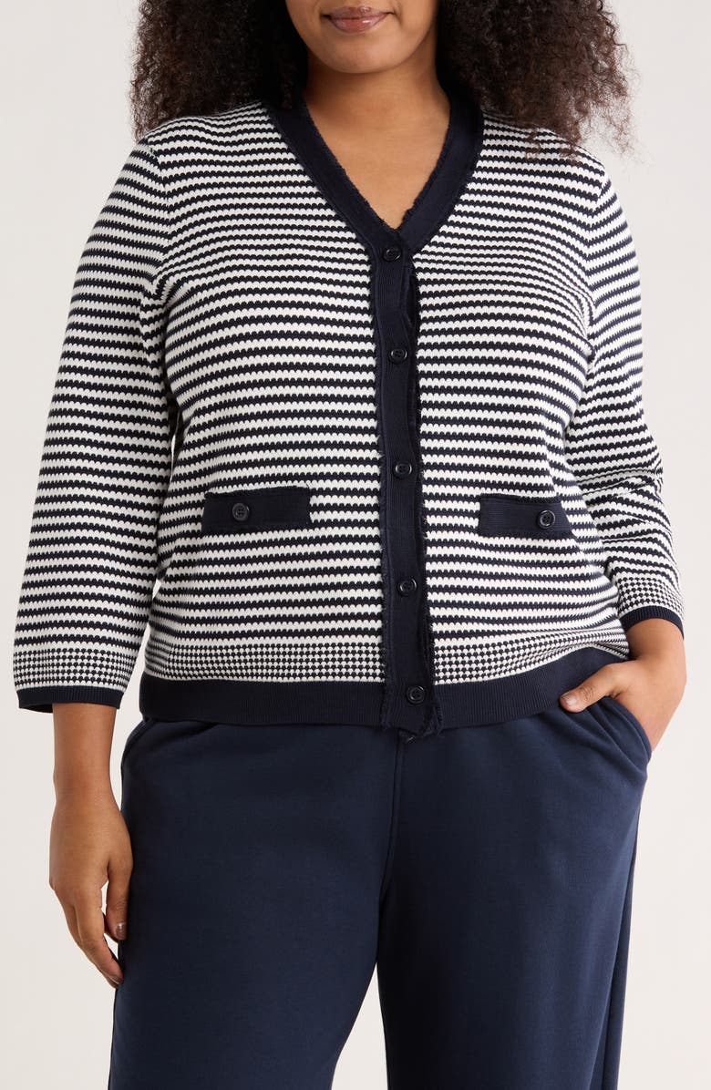 Adrianna Papell Frayed Trim Stripe Cardigan, Main, color, Navy/ Ivory