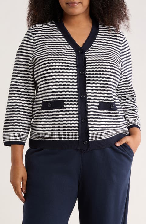 Frayed Trim Stripe Cardigan (Plus)