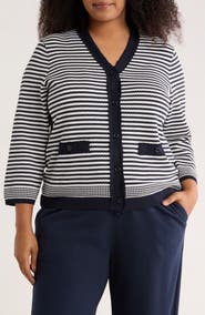 Adrianna Papell Frayed Trim Stripe Cardigan
