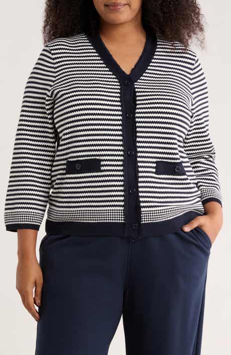 Adrianna Papell Frayed Trim Stripe Cardigan