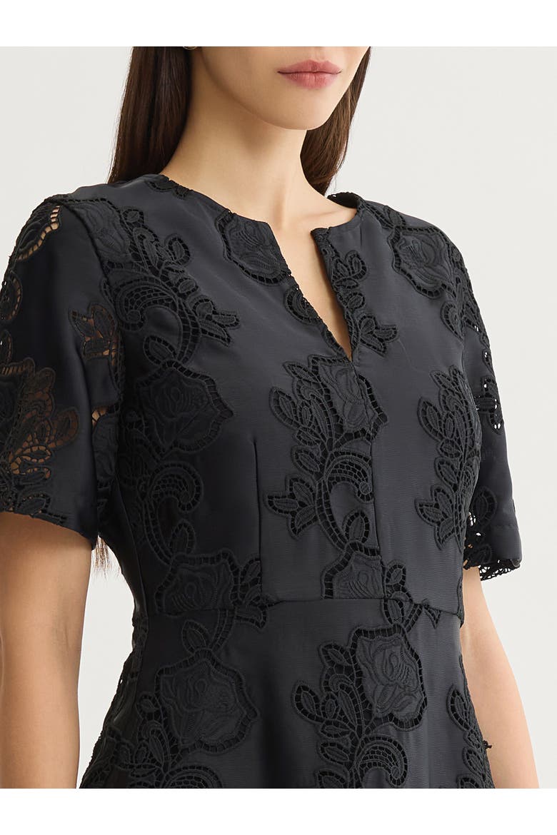 A-Line Floral Eyelet Crepe de Chine Dress, Alternate, color, Black