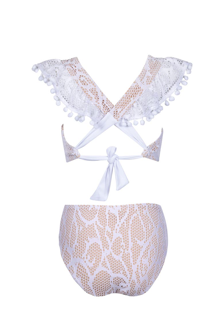Kids' Lace Pompom Detail Two Piece Bikini, Alternate, color, White